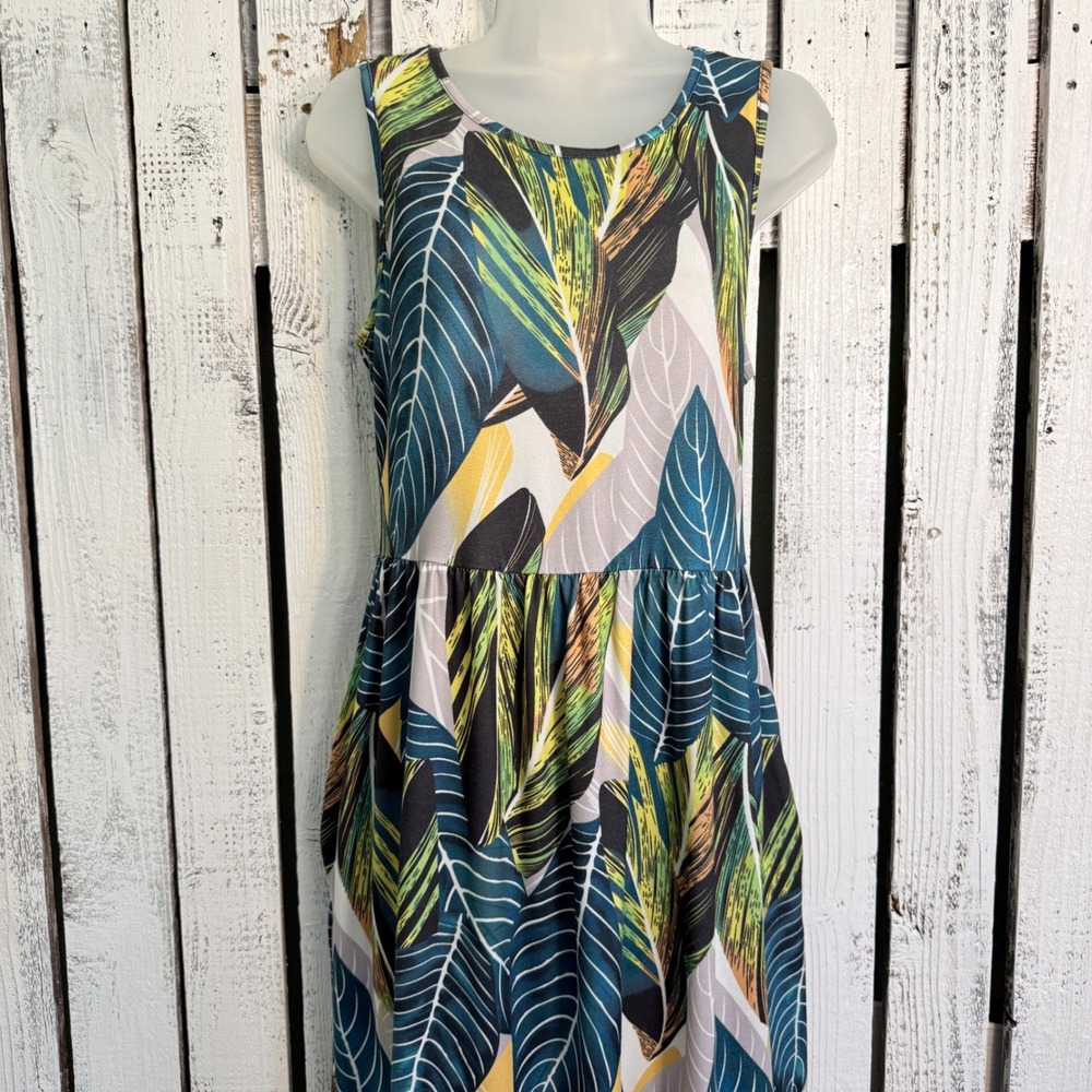 Hount‎ Tropical Palm Leaf Maxi Dress L Sleeveless Pockets Beach Vacation Resort